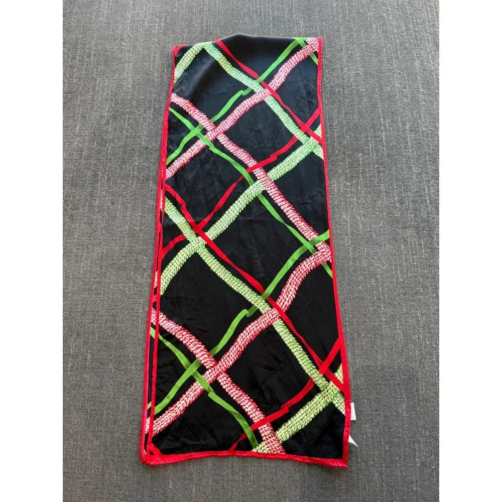 Talbots Silk Rectangle Scarf Large Plaid Black Red and Green Head Scarf 56